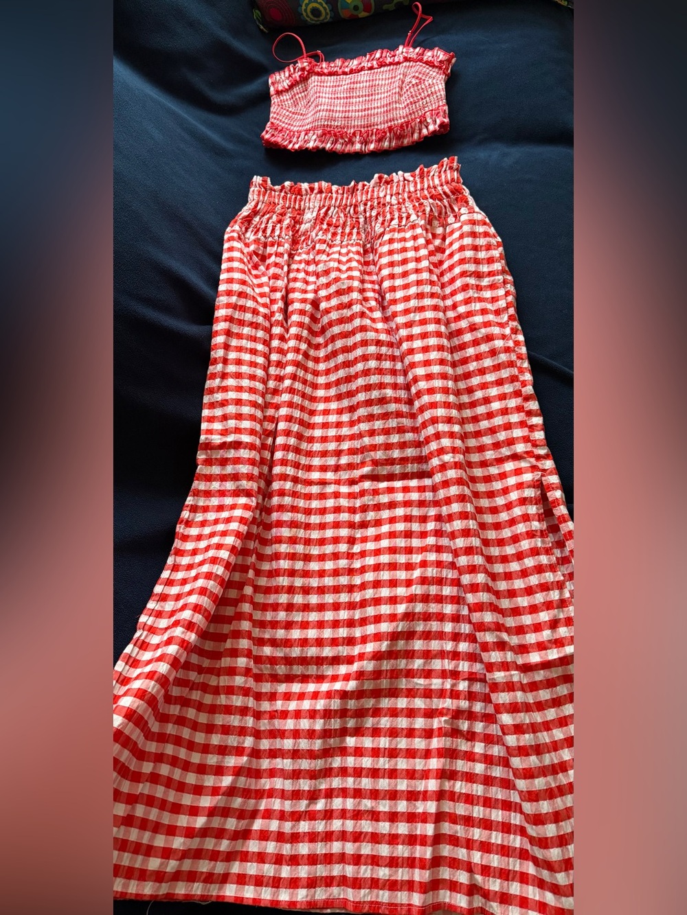 A set of Red/White Gingham Top and Maxi Skirt perfect for summer wear.